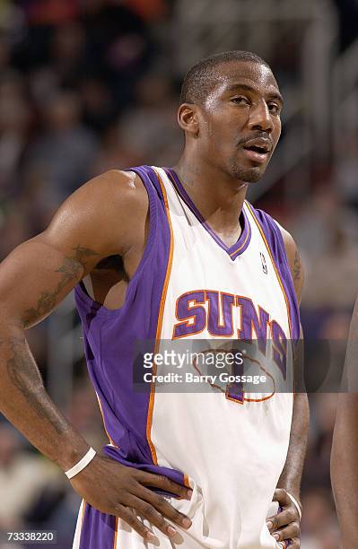 Amare Stoudemire of the Phoenix Suns looks on against the Portland Trail Blazers on January 19, 2007 at U.S. Airways Center in Phoenix, Arizona. The...