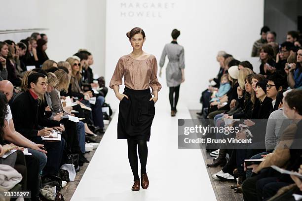 Models walk down the catwalk during Margaret Howell's Autumn/Winter show at London Fashion Week on February 15, 2007 in London.