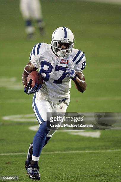 Reggie Wayne of the Indianapolis Colts goes for a 53 yard touchdown catch and run against the Chicago Bears at Super Bowl XLI on February 4, 2007 at...