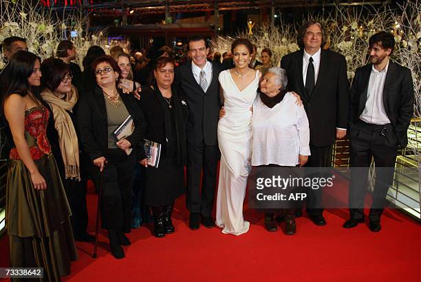 Actress and singer Jennifer Lopez poses with Spanish actor Antonio Banderas , actress Teresa Ruiz and US director Gregory Nava on the red carpet as...