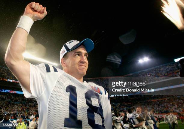 Quarterback Peyton Manning of the Indianapolis Colts celebrates winning the Super Bowl XLI qith a score of 29-17 over the Chicago Bears on February...
