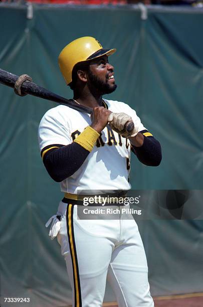 Bill Madlock of the Pittsburgh Pirates looks on as he waits for his at bat during a Major League Baseball game in 1980 at Three Rivers Stadium in...