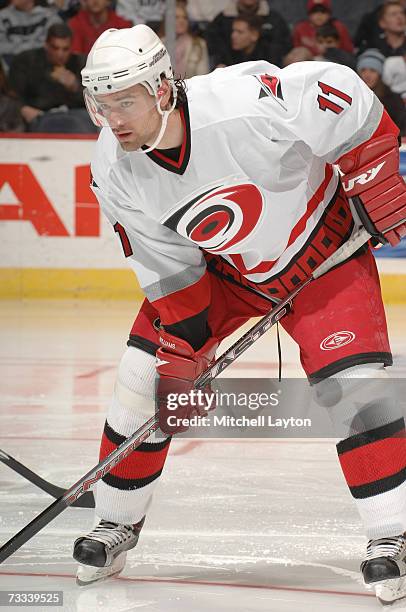 Justin Williams of the Carolina Hurricanes looks on against the Washington Capitals at the Verizon Center on January 27, 2007 in Washington, D.C. The...