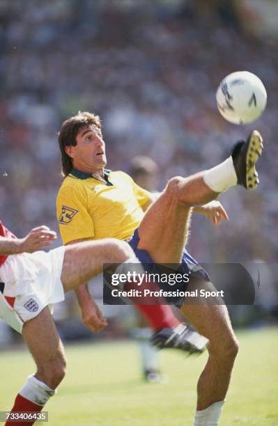 Brazil forward Renato Portaluppi attempts an overhead kick in the international friendly match between England and Brazil at Wembley Stadium in...