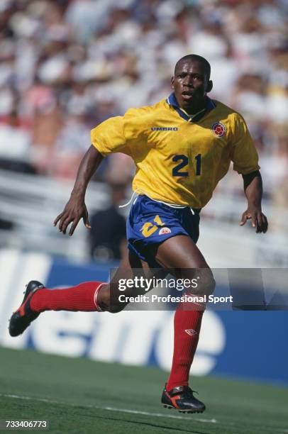 Colombian footballer Faustino Asprilla pictured in action playing for Colombia in the 1994 FIFA World Cup group A match between United States and...