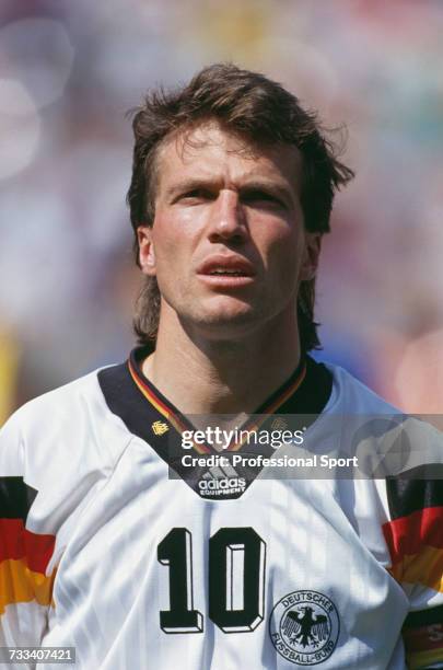 German footballer Lothar Matthaus pictured lining up before playing for Germany in a 1993 US Cup soccer tournament match in the United States in June...