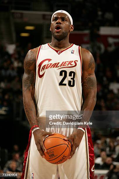 LeBron James of the Cleveland Cavaliers shoots a free throw against the Detroit Pistons during the game at Quicken Loans Arena on February 4, 2007 in...