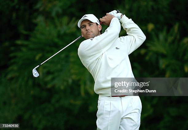 Sergio Garcia of Spain hits his tee shot on the sixth hole during the first round of the Nissan Open on February 15, 2007 at Riveria Country Club in...