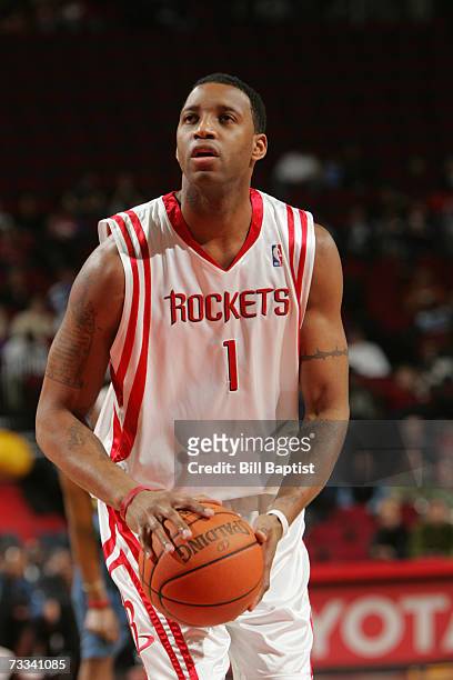 Tracy McGrady of the Houston Rockets prepares to shoot a free throw during a game against the Minnesota Timberwolves at the Toyota Center on February...