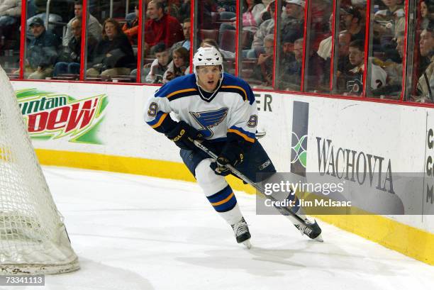 Jay McClement of the St. Louis Blues skates against the Philadelphia Flyers on February 10, 2007 at Wachovia Center in Philadelphia, Pennsylvania....