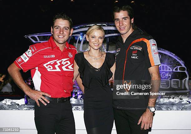 Holden V8 Supercar driver Todd Kelly, actress Holly Brisley and Holden V8 Supercar driver Rick Kelly pose during the V8 Supercar Season 2007 Launch...