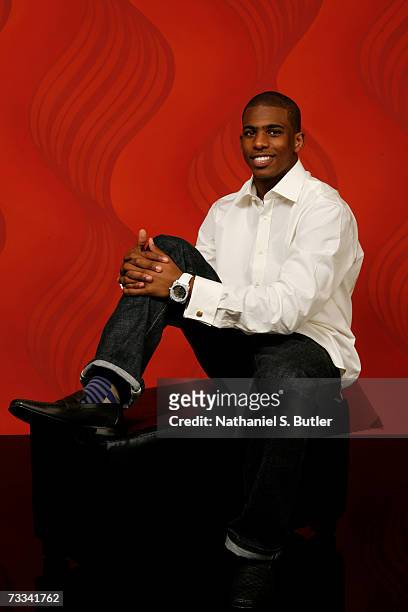 Chris Paul of the New Orleans/Oklahoma City Hornets poses for a portrait during All Star Media Availability on February 15, 2007 at The Palms Resort...