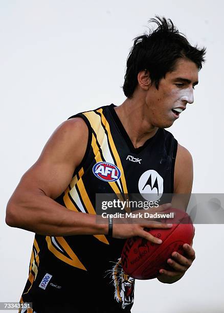 Angus Graham of Team Rawlings marks on the lead during the Richmond Tigers intra-club AFL match at Casey Fields on February 16, 2007 in Melbourne,...