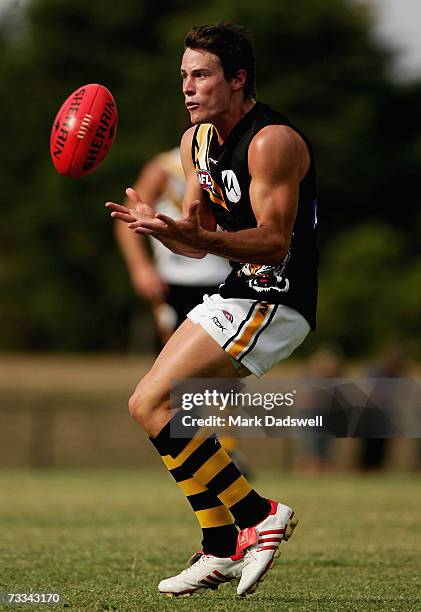 Andrew Raines of Team Rawlings marks on the lead during the Richmond Tigers intra-club AFL match at Casey Fields on February 16, 2007 in Melbourne,...