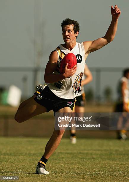 Danny Meyer of Team King marks on the lead during the Richmond Tigers intra-club AFL match at Casey Fields on February 16, 2007 in Melbourne,...