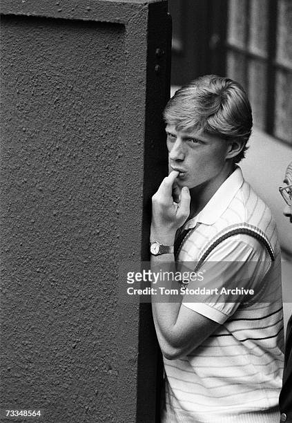 Year-old Boris Becker watches a match from the sidelines of the centre court at Wimbledon, June 1985. The West German teenager then went out to play...