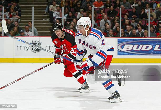Jason Krog of the New York Rangers skates against the New Jersey Devils during their game on February 6, 2007 at Continental Airlines Arena in East...