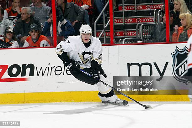 Evgeni Malkin of the Pittsburgh Penguins skates with the puck against the Philadelphia Flyers at Wachovia Center on February 8, 2007 in Philadelphia,...