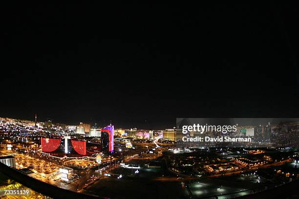 The Las Vegas skyline is shown at night from the EA Sports NBA Street Homecourt video game launch party February 15, 2007 in Las Vegas, Nevada. NOTE...