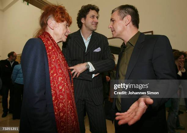 Photographic artists Andreas Gursky and Herlinde Koelbl chat during the opening of the Andreas Gursky Exhibition, at Haus der Kunst on February 16,...