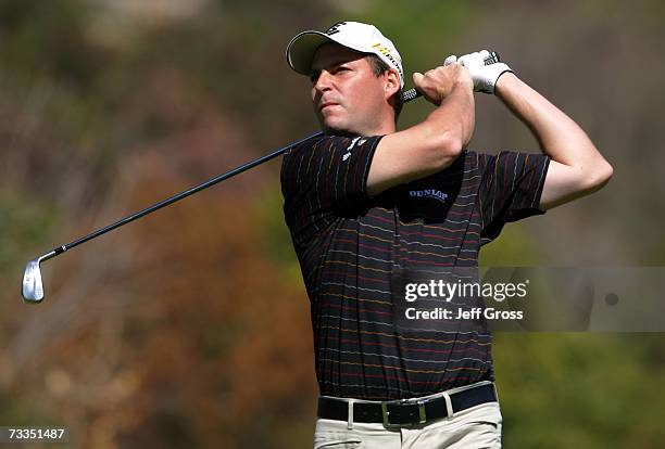 David Howell of England hits a tee shot on the fourth hole during the second round of the Nissan Open on February 16, 2007 at the Riviera Country...