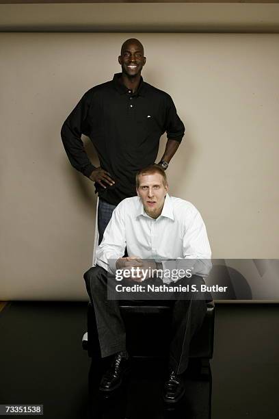 Kevin Garnett of the Minnesota Timberwolves and Dirk Nowitzki of the Dallas Mavericks pose for a portrait during 2007 All-Star Media Availability at...