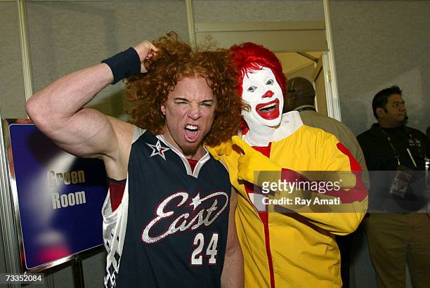 Comedian Carrot Top poses with Ronald McDonald at the McDonald's NBA All-Star Celebrity Game Presented by 2K Sports at NBA Jam Session Center Court...