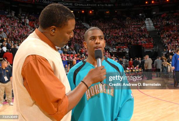 Emcee Cedric Ceballlos interviews Chris Paul of the Sophomore Team before the T-Mobile Rookie Challenge at NBA All-Star Weekend on February 16, 2007...