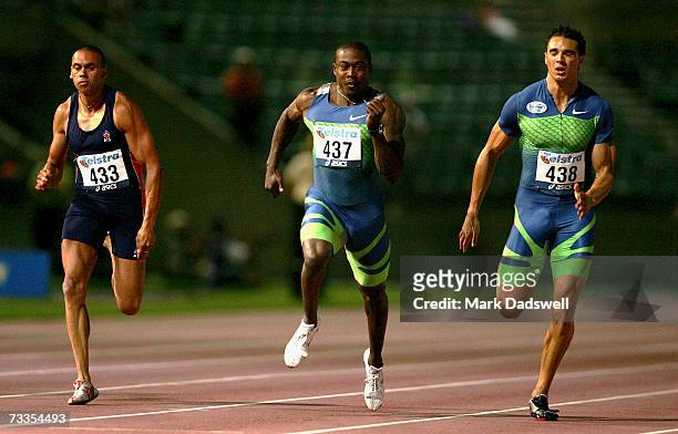 Patrick Johnson of the AIS and Joshua Ross of the NSWIS are defeated by Shawn Crawford of USA in the Men's 100 Metres race during the 2007 Telstra...