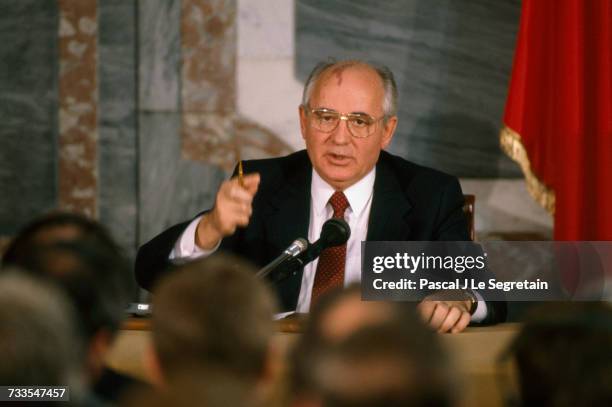 Soviet president Mikhail Gorbachev speaks at a press conference in Rambouillet, France.