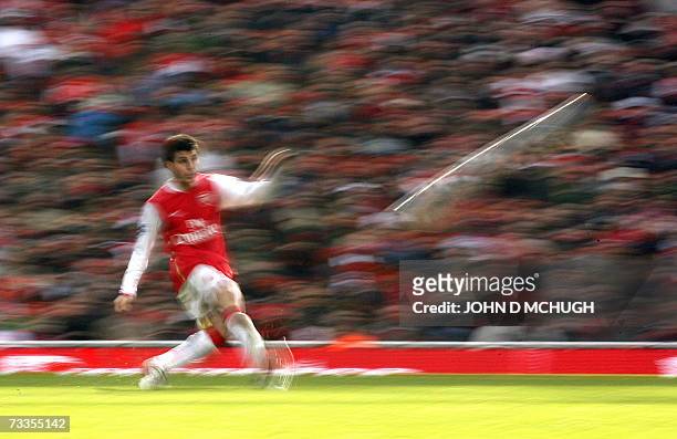 London, UNITED KINGDOM: Arsenal's Cesc Fabregas clears the ball during their Fifth Round FA Cup game against Blackburn Rovers at the Emirates...