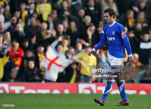 George O'Callaghan of Ipswich Town is sent off during the FA Cup sponsored by E.ON 5th Round match between Watford and Ipswich Town at Vicarage Road...