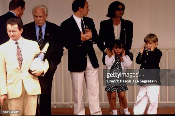 Prince Rainier, Prince Albert of Monaco, Princess Caroline of Monaco with her children Charlotte Casiraghi and Andrea Casiraghi at Monaco Formula One...