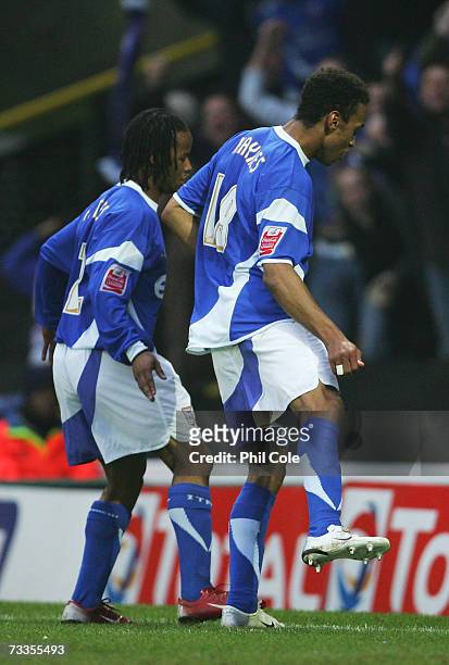 Jaime Peters and Danny Haynes of Ipswich Town celebrate as the game carries on, unaware the goal has been ruled out during the FA Cup sponsored by...