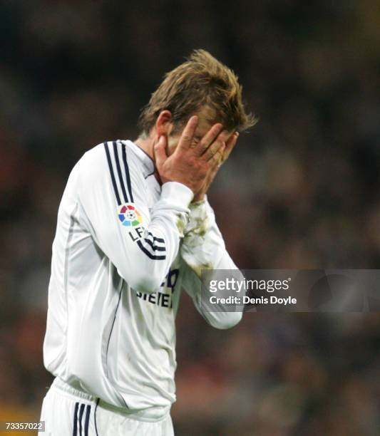 David Beckham of Real Madrid reacts after his free kick went wide of target during the Primera Liga match between Real Madrid and Real Betis at the...