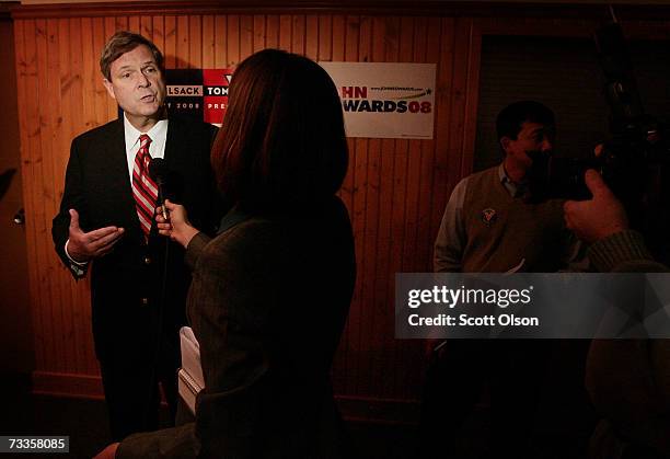 Former Iowa Governor and Presidential hopeful Tom Vilsack give an interview at the Scott County Democrats Red White and Blue Banquet February 17,...