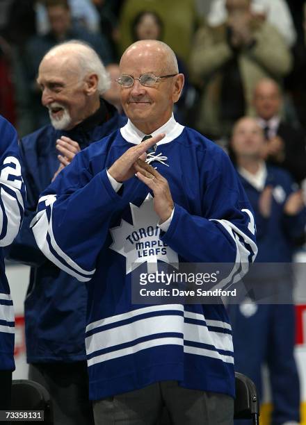 Member of the 1967 Toronto Maple Leafs Dave Keon gives the "timeout" symbol to the crowd as they keep cheering for him, as the '67 Maple Leafs are...