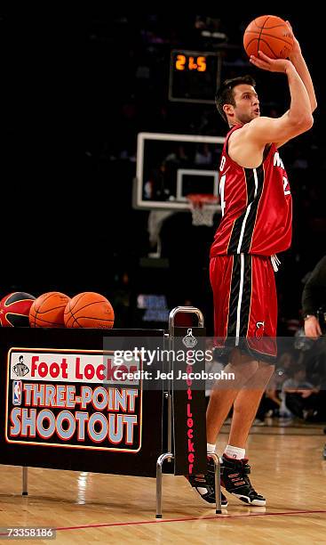 Jason Kapono of the Miami Heat shoots a three-point shot en route to winning the Foot Locker Three-Point Shootout during NBA All-Star Weekend on...
