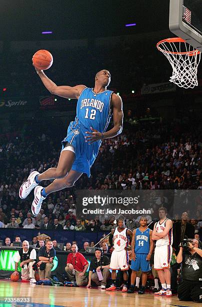 Dwight Howard of the Orlando Magic participates in the Sprite Slam Dunk Competition during NBA All-Star Weekend on February 17, 2007 at Thomas & Mack...