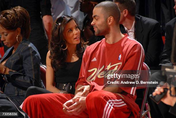 Tony Parker of the San Antonio Spurs and actress Eva Longoria sit courtside at the NBA All-Star Weekend at the Thomas & Mack Center February 17, 2007...