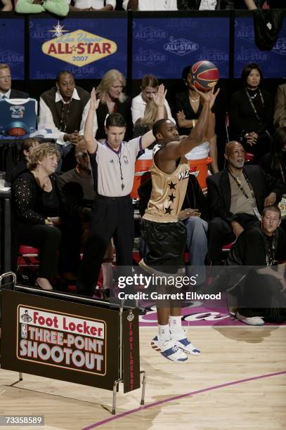 Gilbert Arenas of the Washington Wizards shoots during Footlocker Three-Point Shootout at NBA All-Star Weekend on February 17, 2007 at the Thomas &...
