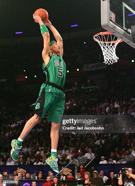 Gerald Green of the Boston Celtics participates in the Sprite Slam Dunk Competition during NBA All-Star Weekend on February 17, 2007 at Thomas & Mack...