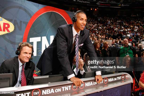 Announcers Steve Kerr and Reggie Miller watch the Foot Race between CHarles Barkley and NBA referee Dick Bavetta during All-Star Saturday Night on...