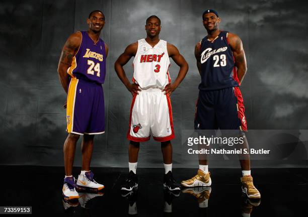 Kobe Bryant of the Los Angeles Lakers, Dwyane Wade of the Miami Heat and LeBron James of the Cleveland Cavaliers pose for a portrait on All-Star...