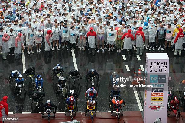 Participants line up to start the Tokyo Marathon 2007 on February 18, 2007 in Tokyo, Japan. Some 30,000 people participated in the marathon through...