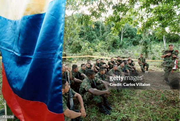 Group of professional soldiers train October 20, 2000 at the base in Florencia, Putumayo, Colombia. The young soldiers train for several months for...