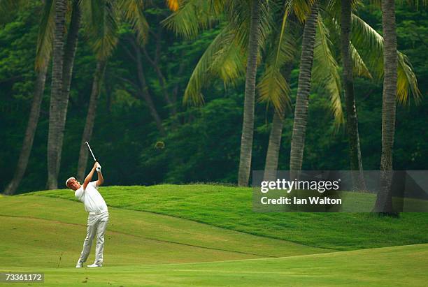 Mikko Ilonen of Finland plays his 2nd shot on the 16th hol during the final round of the 2007 Enjoy Jakarta Astro Indonesian Open at Damai Indah Golf...