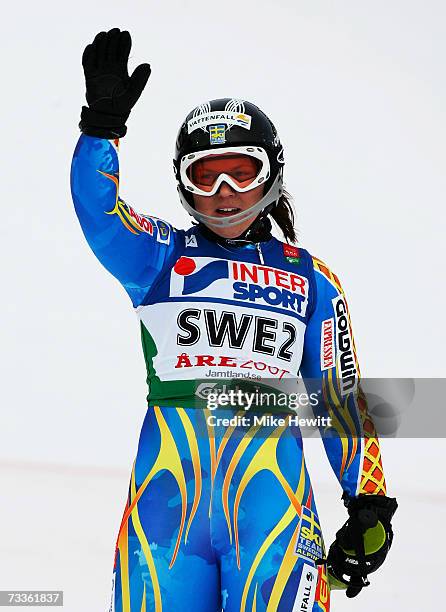 Anja Paerson of Sweden acknowledges her home crowd after her final run during the Nations Team Event on day sixteen of the FIS World Ski...