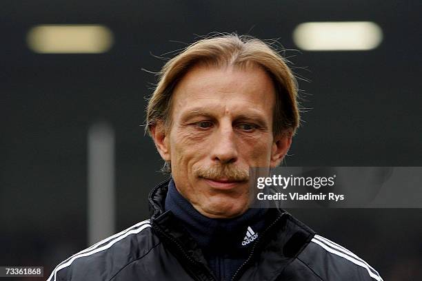 Coach Christoph Daum of Cologne looks down prior to the Second Bundesliga match between Rot Weiss Essen and 1.FC Cologne at the Georg-Melches stadium...