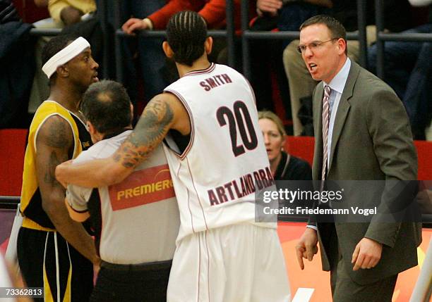 Headcoach Chris Fleming of Artland Dragons yells after punching the referee during the Bundesliga game between Artland Dragons and EnBW Ludwigsburg...